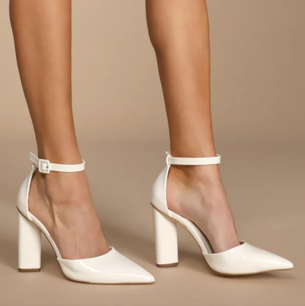 Size 7 1/2 Lulus Syngo White Patent Pointed-Toe Ankle Strap Pumps